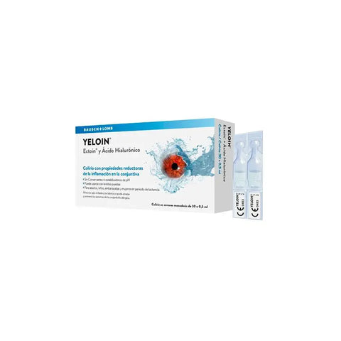 Single dose Yeloin anti-inflammatory eye drops by Jag Couture London, showing 30 vials of 0.5ml each for eye relief.