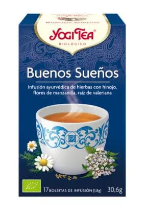 Yogi Tea Buenos Sueños herbal tea bags, 17 sachets of 1.8g each, from Jag Couture London - New York, showing tea packaging.
