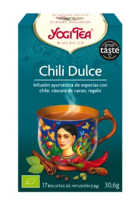 Yogi Tea Chili Dulce box with 17 tea bags, 1.8g each, featuring spicy chili and sweet flavors from Jag Couture London New York