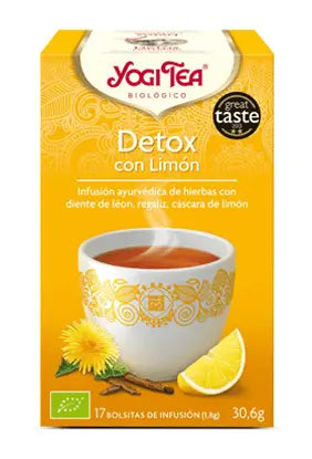 Yogi Tea Detox con Limón, 17 tea bags of 1.8g each, with lemon flavor, in a colorful box from Jag Couture London New York.