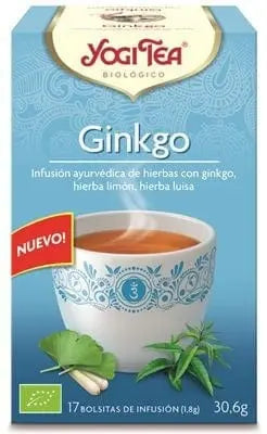 Yogi Tea Ginkgo herbal tea packets by Jag Couture London New York, 17 x 1.8g, with tea bags and packaging visible.
