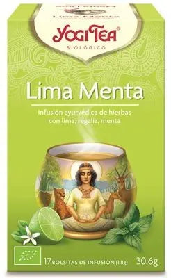 Box of Yogi Tea Menta y Lima by Jag Couture London with 17 tea bags, showing the tea packaging with mint and lime flavor details.