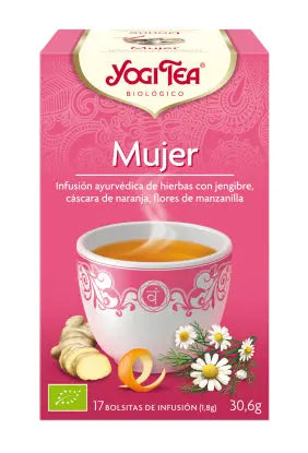 Yogi Tea Mujer with 17 tea bags, each 1.8g, in a box. Brand: Jag Couture London - New York, featuring herbal tea packaging.