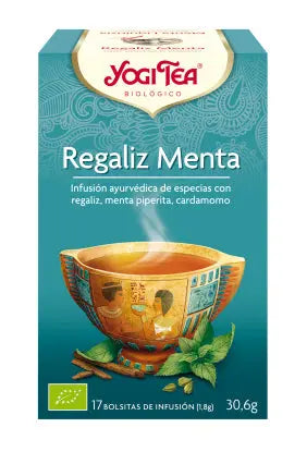 Yogi Tea Regaliz y Menta box with 17 tea bags, featuring herbal tea with licorice and mint flavors from Jag Couture London New York
