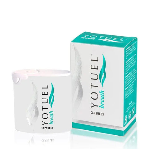 Yotuel Breath Capsules 50U by Jag Couture London New York, showing a close-up of the small, white oral supplement capsules.