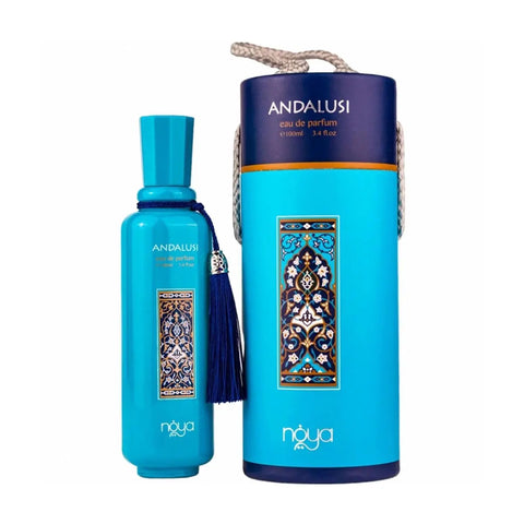 Zimaya Noya Andalusi Eau De Parfum 100ml bottle by Jag Couture London New York, elegant glass perfume bottle with a sleek design.