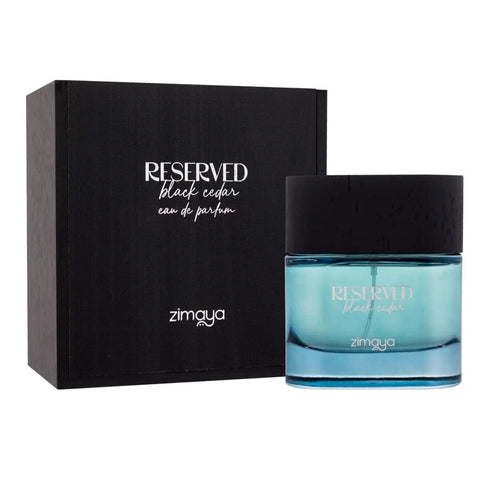 Zimaya Reserved Black Cedar Eau De Parfum spray in 100ml bottle by Jag Couture London New York, featuring black cedar accents.