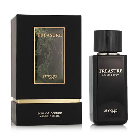 Zimaya Treasure Eau De Parfum 100ml by Jag Couture London New York, elegant glass bottle with gold accents and floral design.