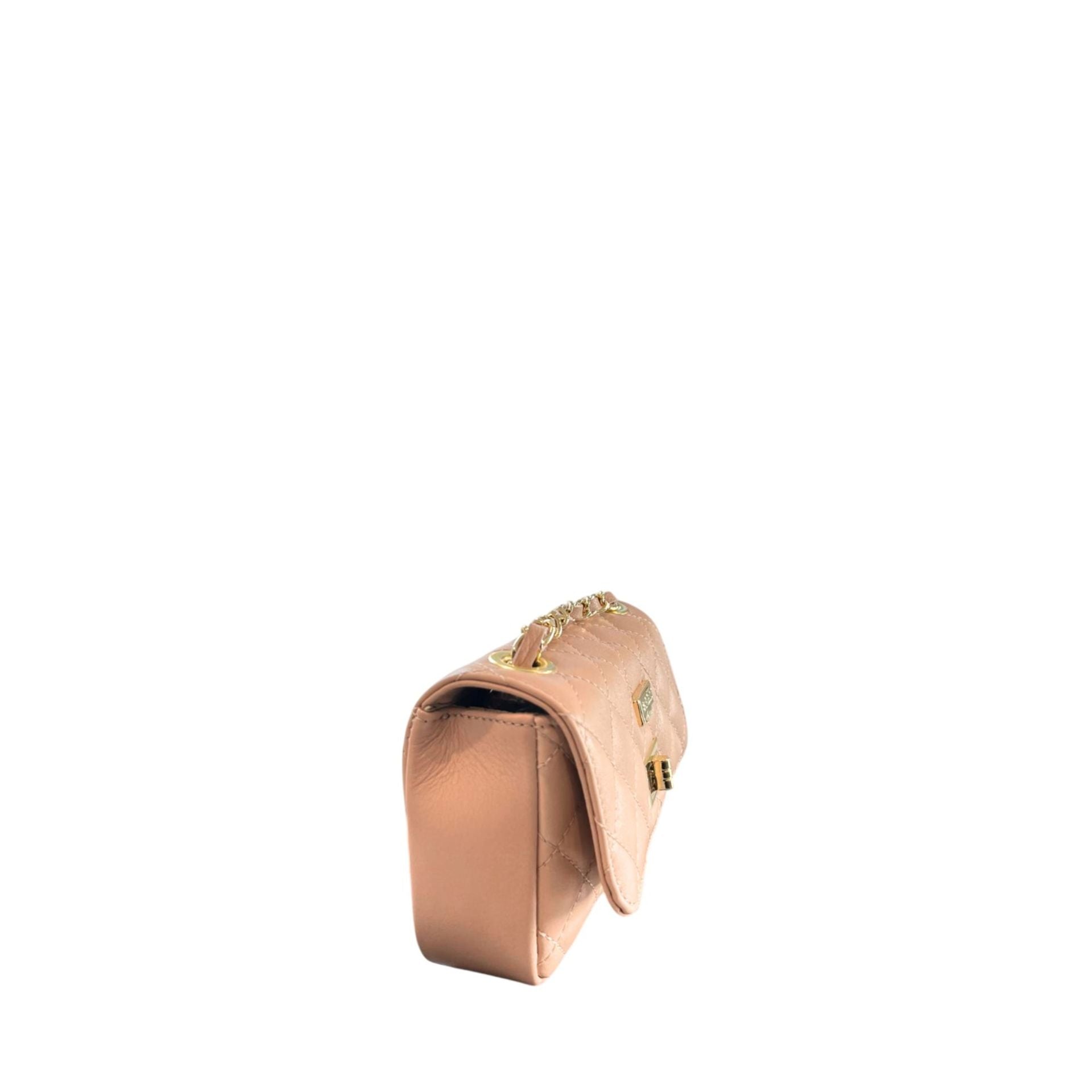 Baldinini Trend SC1418_LUCCA Cipria luxury handbag with beige leather and gold-tone hardware, held by hand against a neutral background.
