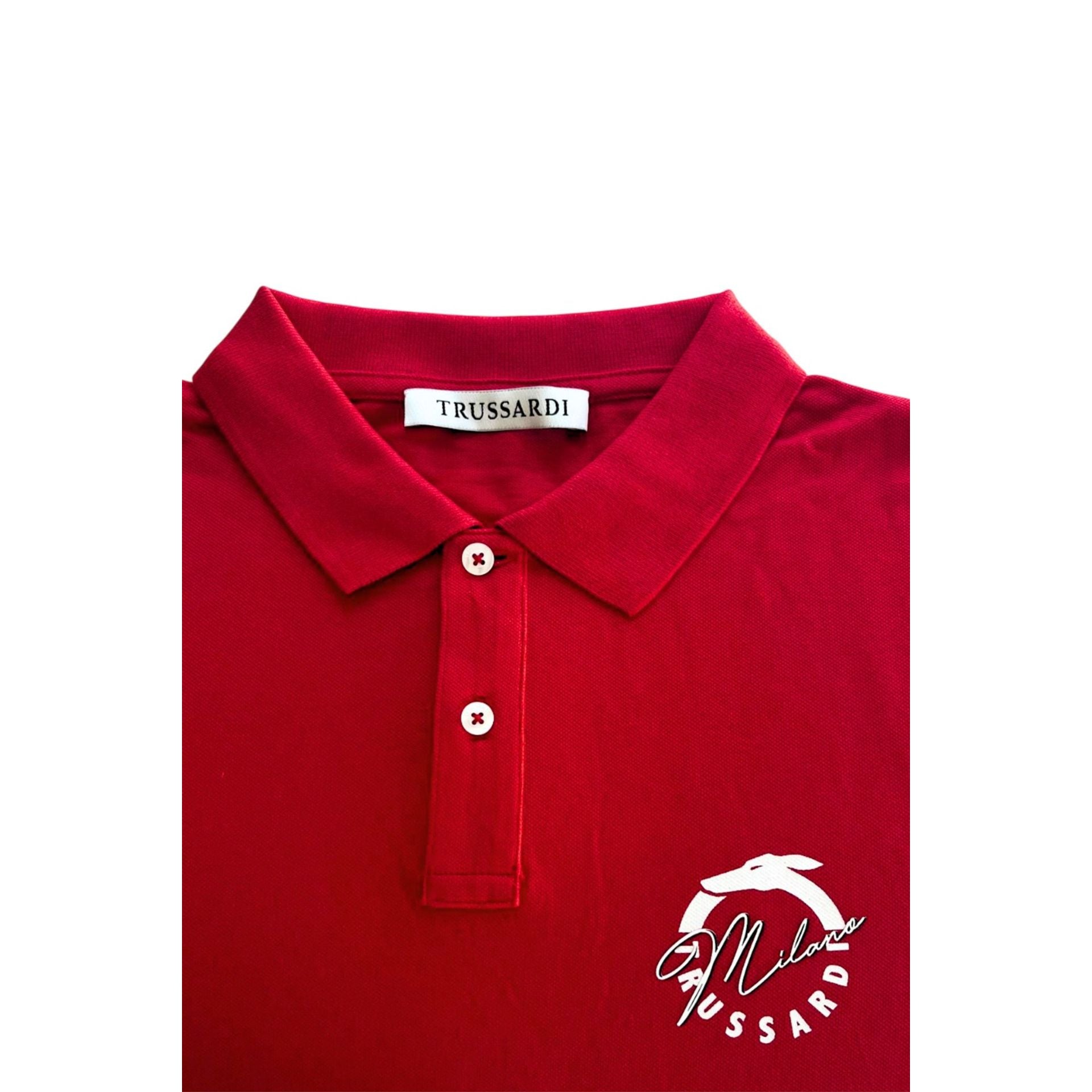 Red Trussardi Beachwear TRU25MPL01, stylish swim trunks by Jag Couture London New York, displayed on a plain background.