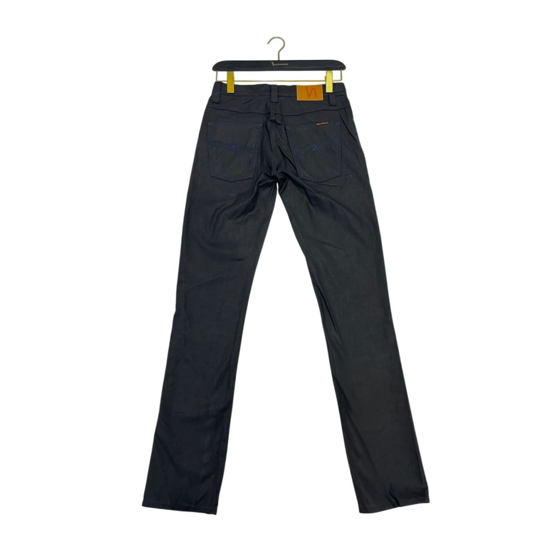 Nudie Jeans NJ3008GRIMTIM NeroBlack denim jeans shown in a natural pose, featuring a slim fit and classic black wash.