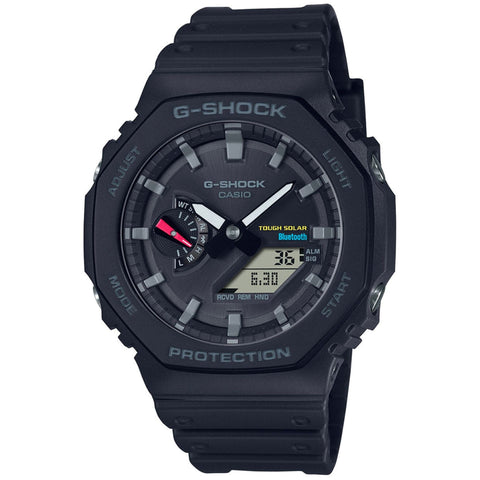 Casio G-Shock GA-B2100-1AER digital watch with black resin band and round face, displayed on a plain background.