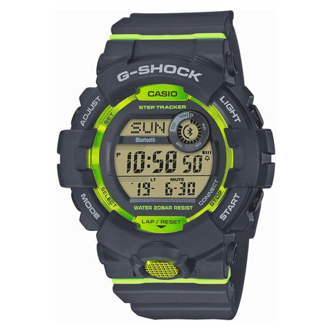 Casio GBD-800-8ER digital sports watch with black band and display, featuring stopwatch and fitness tracking, by Jag Couture London.