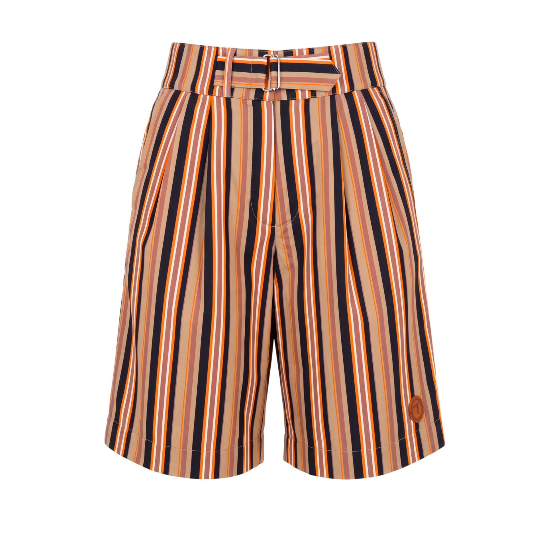 Jag Couture London jeans in beige and navy blue with orange stitching, showcasing stylish, fitted denim design.