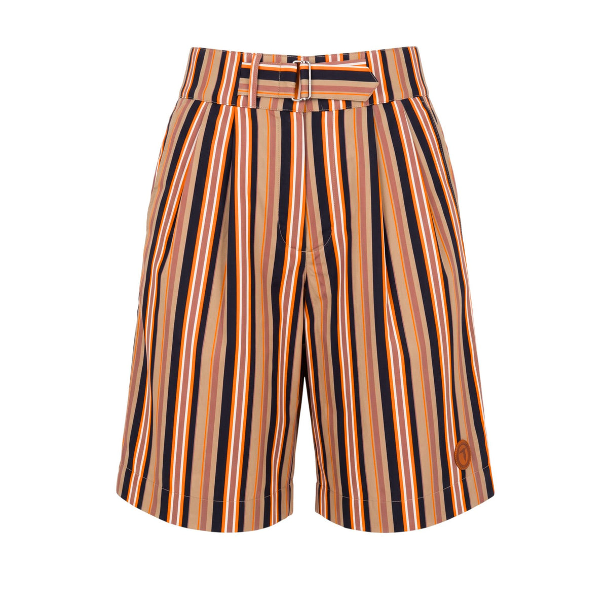 Jag Couture London jeans in beige and navy blue with orange stitching, showcasing stylish, fitted denim design.