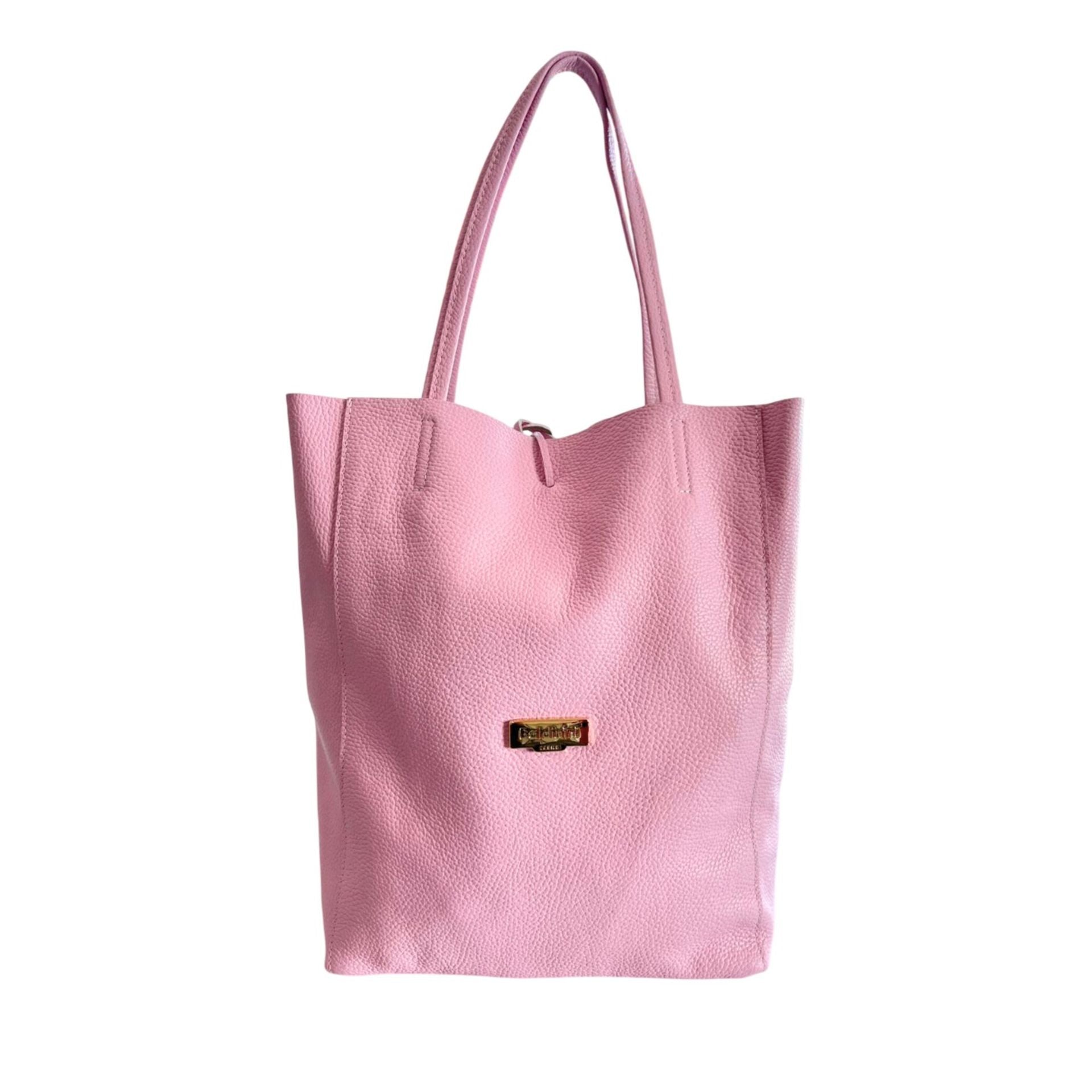 Pink Baldinini Trend IR1607 Lucca leather handbag with gold accents, stylish design, and adjustable strap.