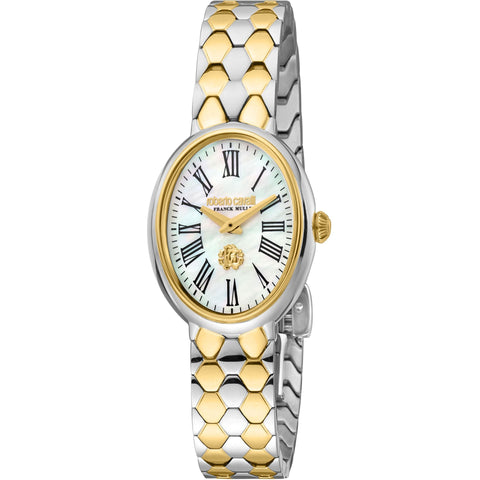 Roberto Cavalli by Franck Muller luxury watch with silver dial, black strap, and intricate design details.