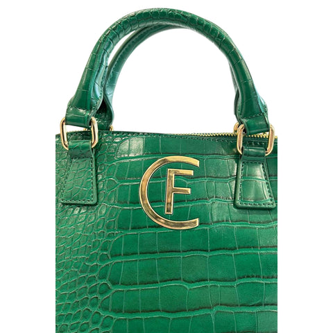 Cristinaeffe CF24FW023_VERDE green leather handbag by Jag Couture London - New York, with gold hardware and structured design.