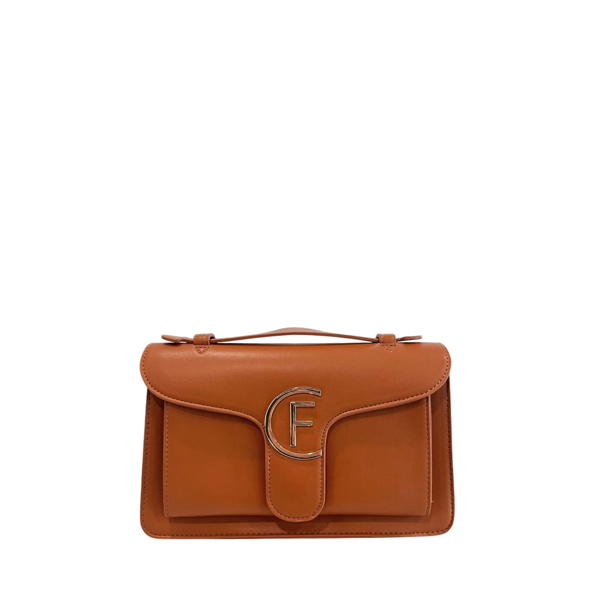 Cristinaeffe CF24FW021_MARRONE handbag by Jag Couture London - New York, featuring brown leather with gold hardware, front logo detail.