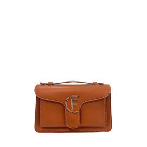 Cristinaeffe CF24FW021_MARRONE handbag by Jag Couture London - New York, featuring brown leather with gold hardware, front logo detail.
