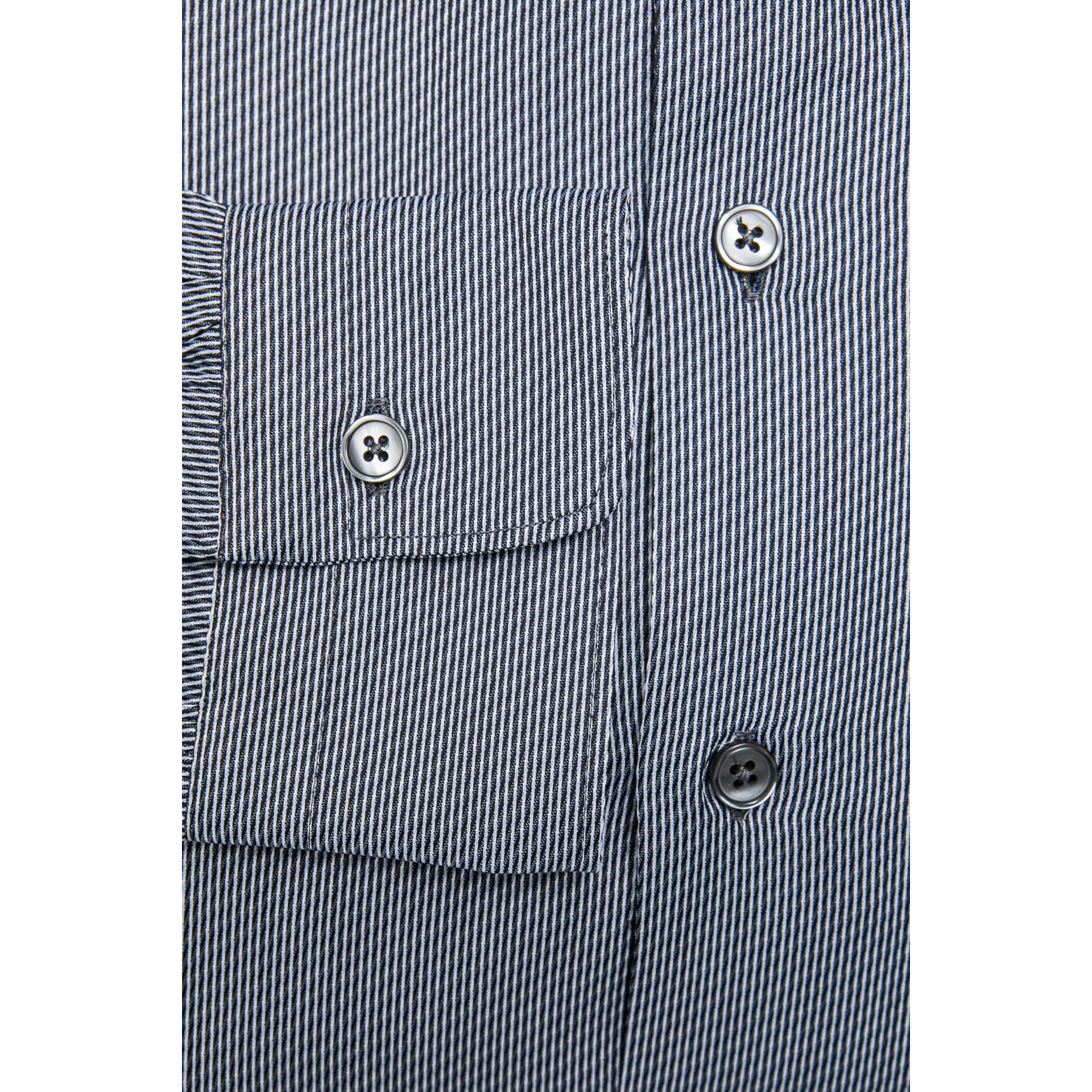 Jag Couture London - New York Robert Friedman Leo1SL blue and white striped shirt displayed on a hanger.