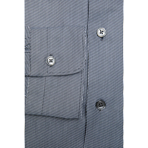 Jag Couture London - New York Robert Friedman Leo1SL blue and white striped shirt displayed on a hanger.