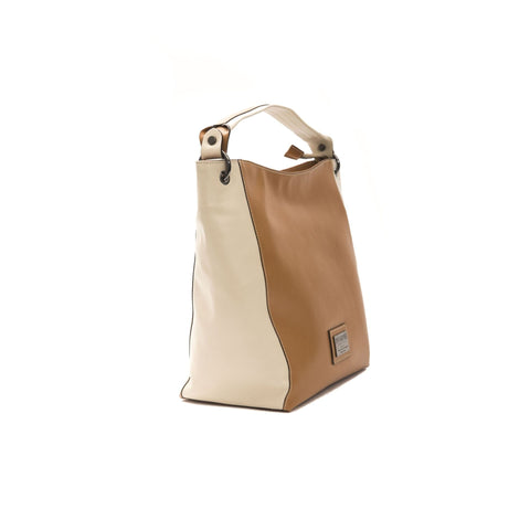 Jag Couture London-New York Pompei Donatella A621ELENA beige cuoio handbag with gold hardware and structured design.