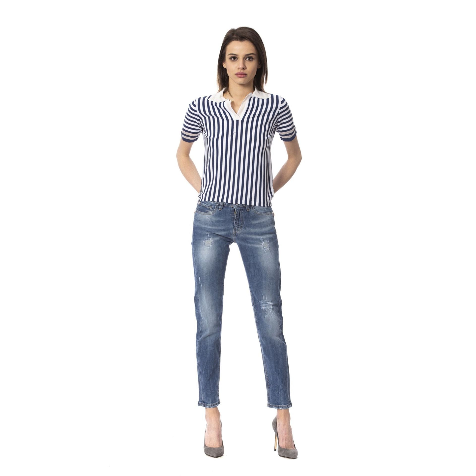 Dark denim Frankie Morello FWOP7113JE jeans with front pockets and stitching details, displayed on a plain background.