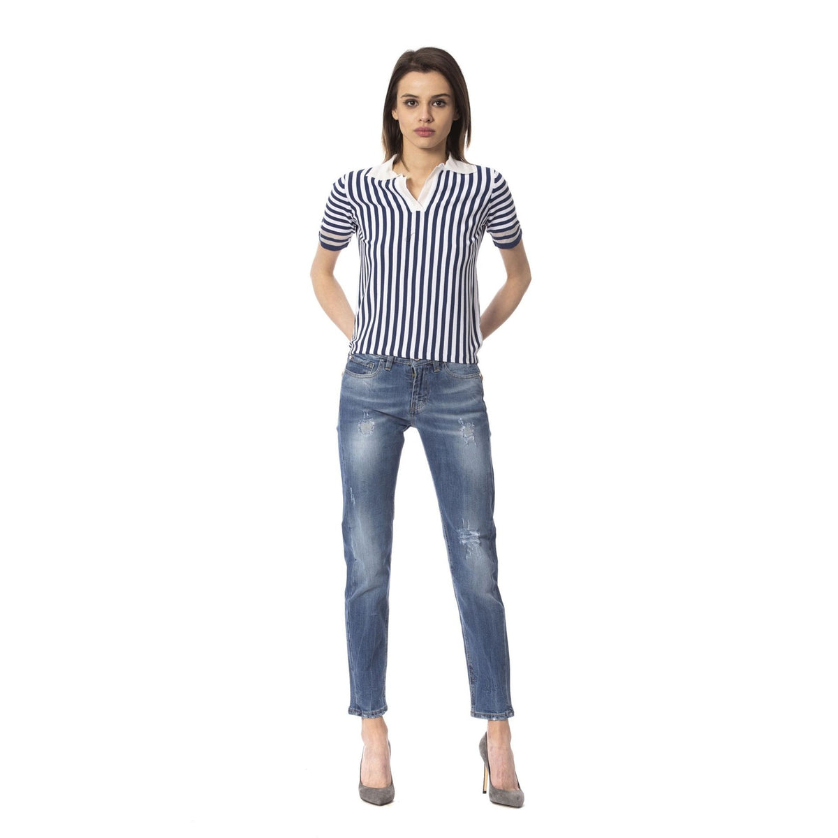 Dark denim Frankie Morello FWOP7113JE jeans with front pockets and stitching details, displayed on a plain background.