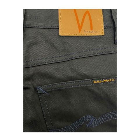 Nudie Jeans NJ3008GRIMTIM_NeroBlack in black denim, close-up of fabric texture and stitching details.