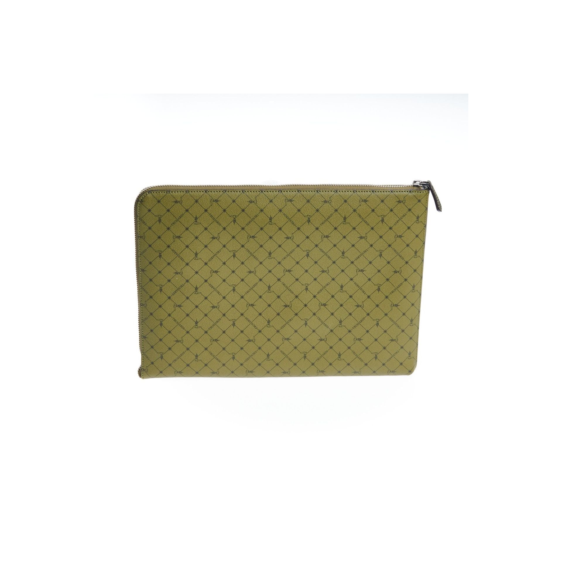 Trussardi green olive loden coat with tailored fit and classic design, displayed on a hanger.