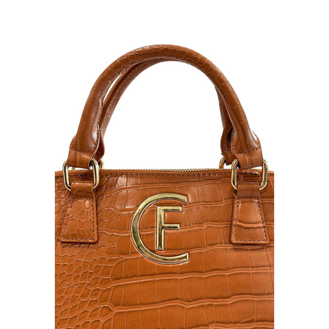Cristinaeffe CF24FW023_CUOIO by Jag Couture London New York, featuring a stylish leather bag with gold accents and adjustable strap.