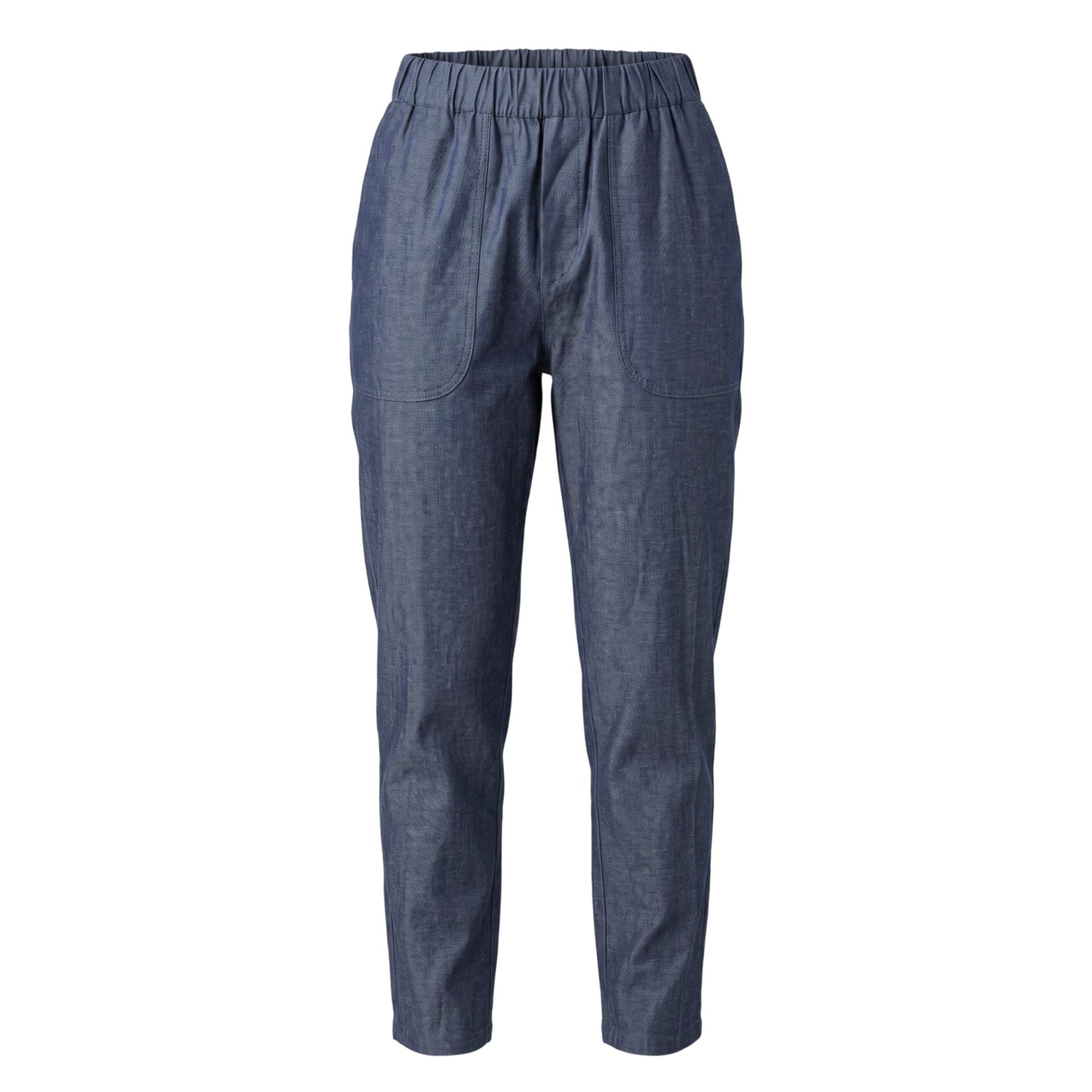 Jag Couture London blue Trussardi jeans with classic five-pocket design and logo-embossed leather patch shown in the image.