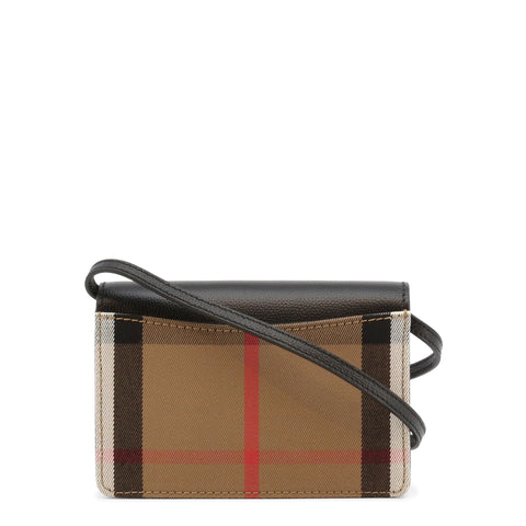 Burberry black and tan leather handbag with gold hardware, featuring the iconic check pattern and top handles.
