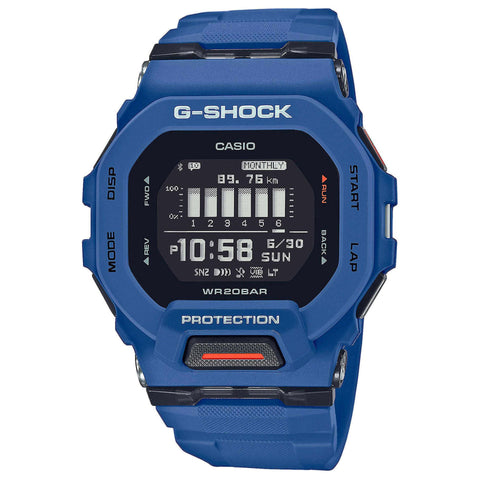 Casio GBD-200-2ER digital sports watch with black band and display, featuring a sleek design and multiple function buttons.