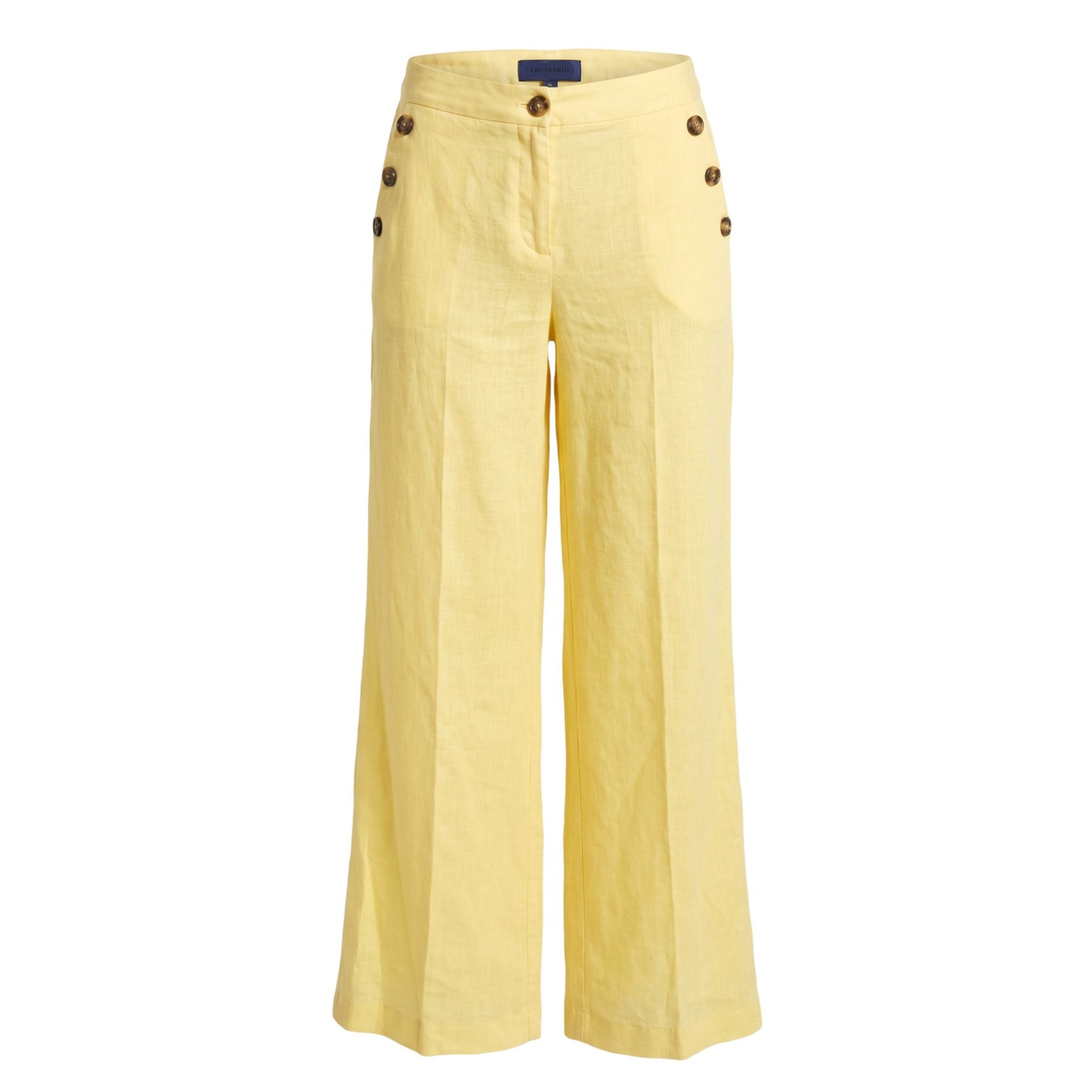 Light yellow Trussardi jeans with classic five-pocket design, displayed on a hanger against a plain background