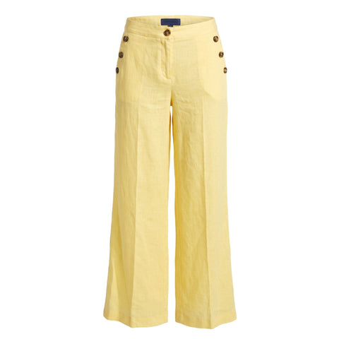 Light yellow Trussardi jeans with classic five-pocket design, displayed on a hanger against a plain background