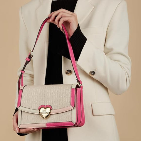 Love Moschino JC4043PP1ILH110B handbag with colorful pattern, soft leather, and distinctive logo, styled with gold-tone hardware.