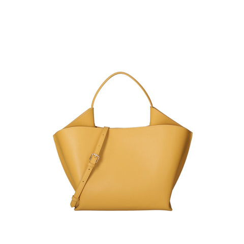 Light yellow Viola Castellani VC220722623FBG handbag by Jag Couture London New York with gold hardware and textured leather finish.
