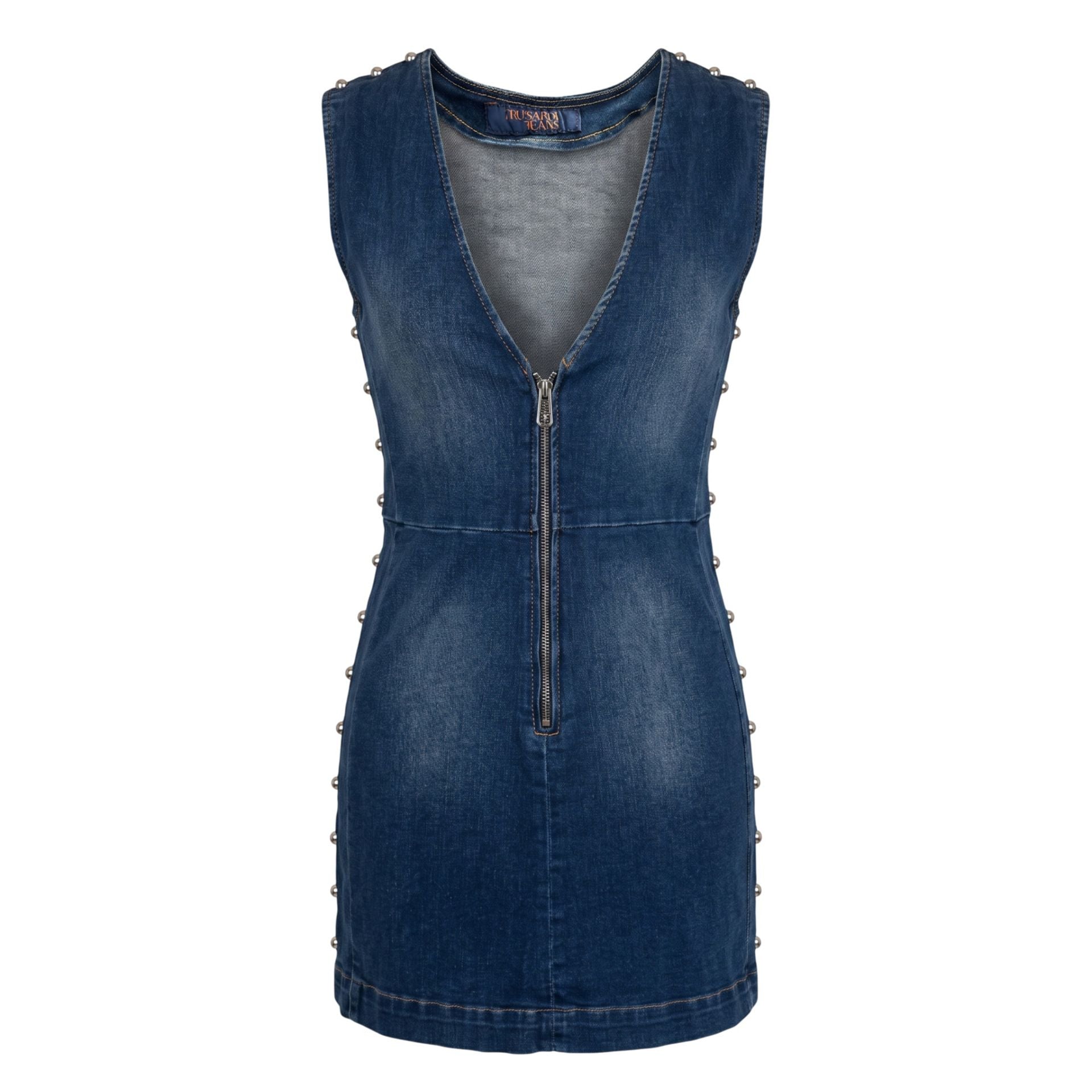 Blue Trussardi jeans with classic fit and stylish design, displayed on a hanger against a neutral background.