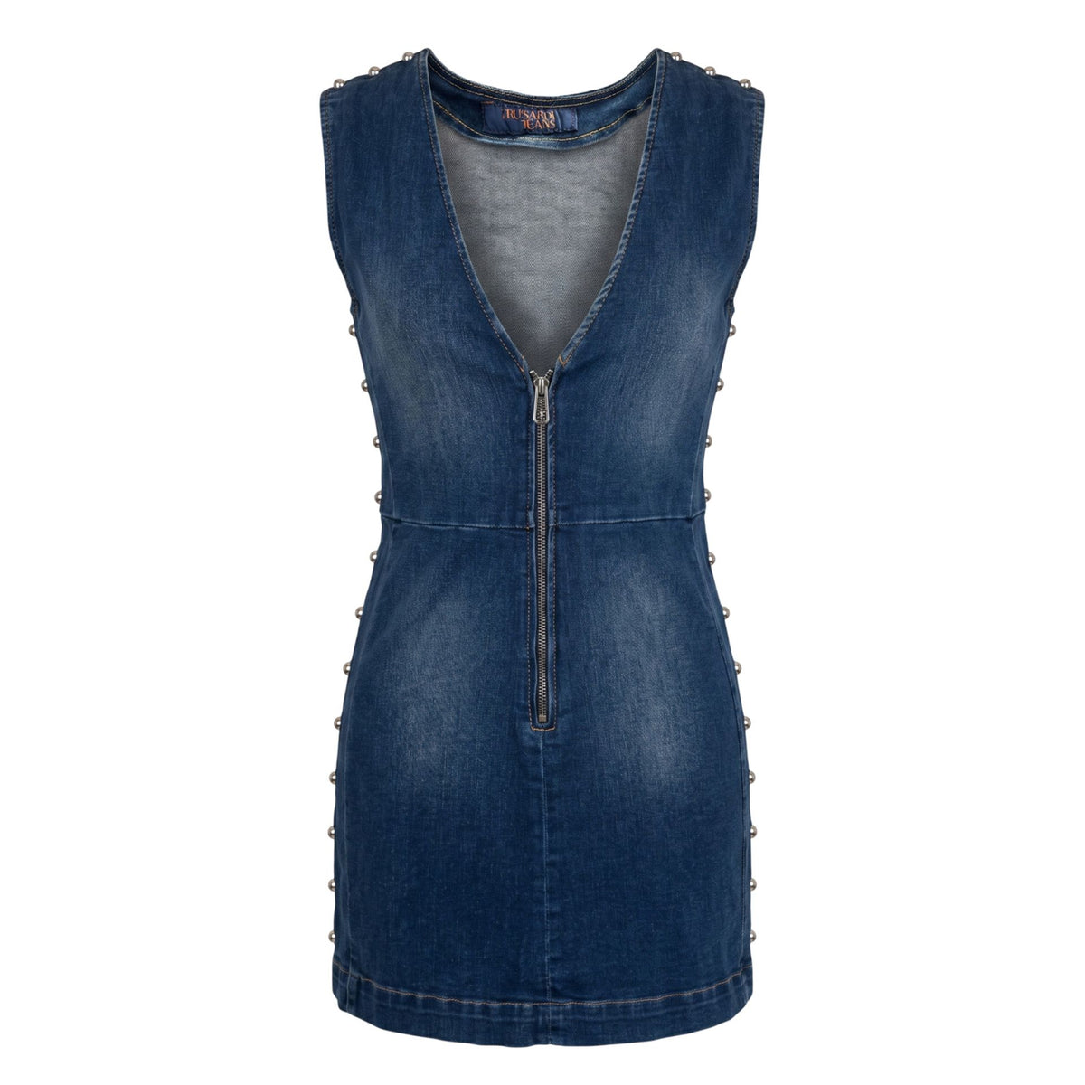 Blue Trussardi jeans with classic fit and stylish design, displayed on a hanger against a neutral background.