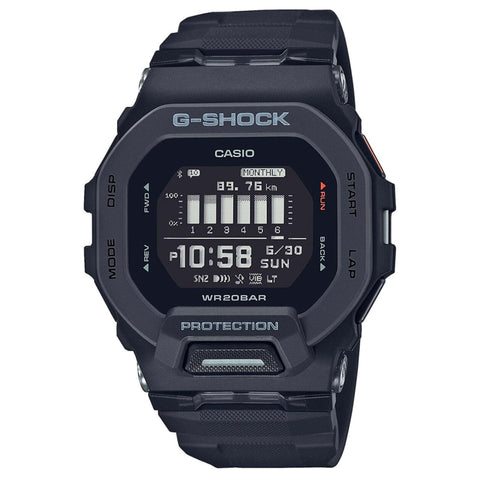 Casio GBD-200-1ER digital sports watch with black strap and round face, featuring multiple functions and a sleek design.