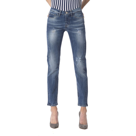Dark denim Frankie Morello FWOP7113JE jeans with classic stitching and five-pocket design, displayed on a neutral background.