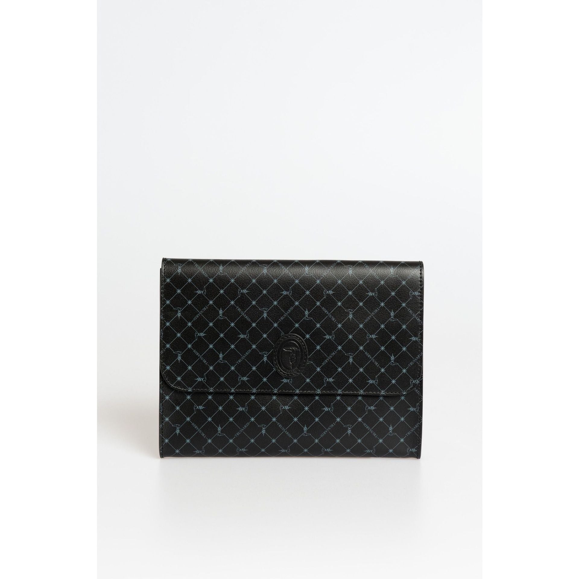 Black Trussardi 72B000432Y000083_K299 handbag by Jag Couture London-New York, showing front view with textured leather and metal accents.