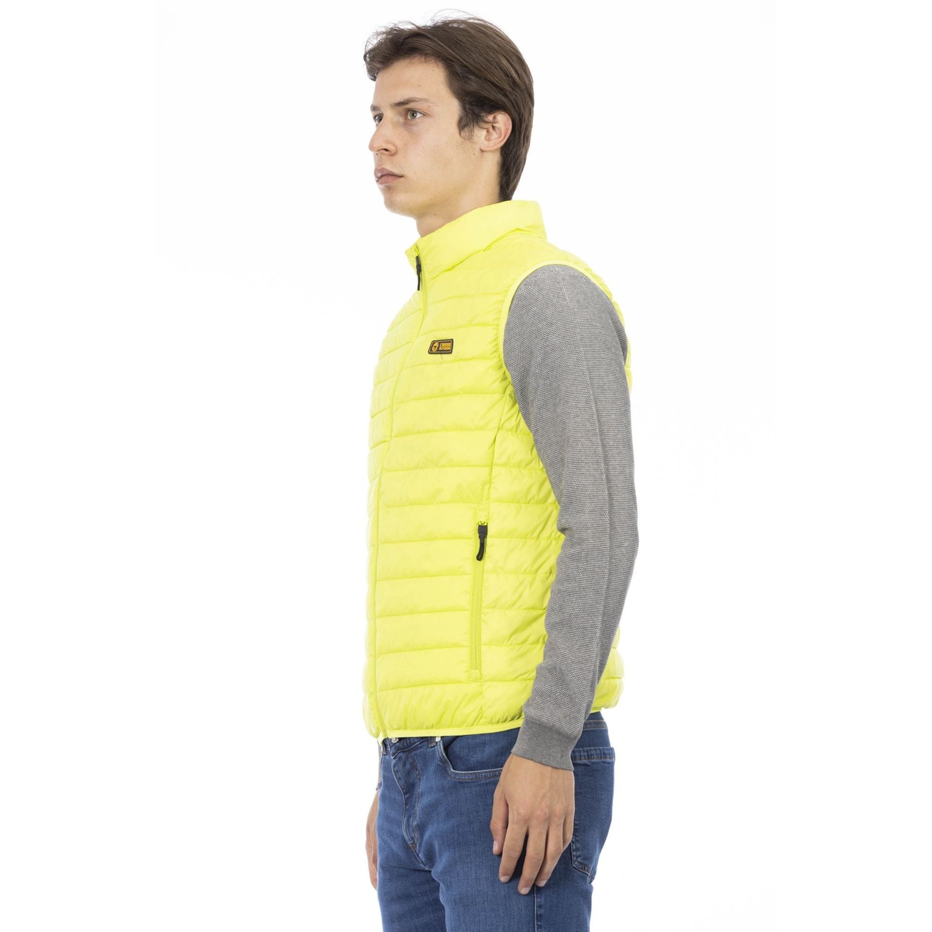 Bright yellow outdoor jacket from Ciesse, designed by Jag Couture London and New York, with visible zipper and hood.