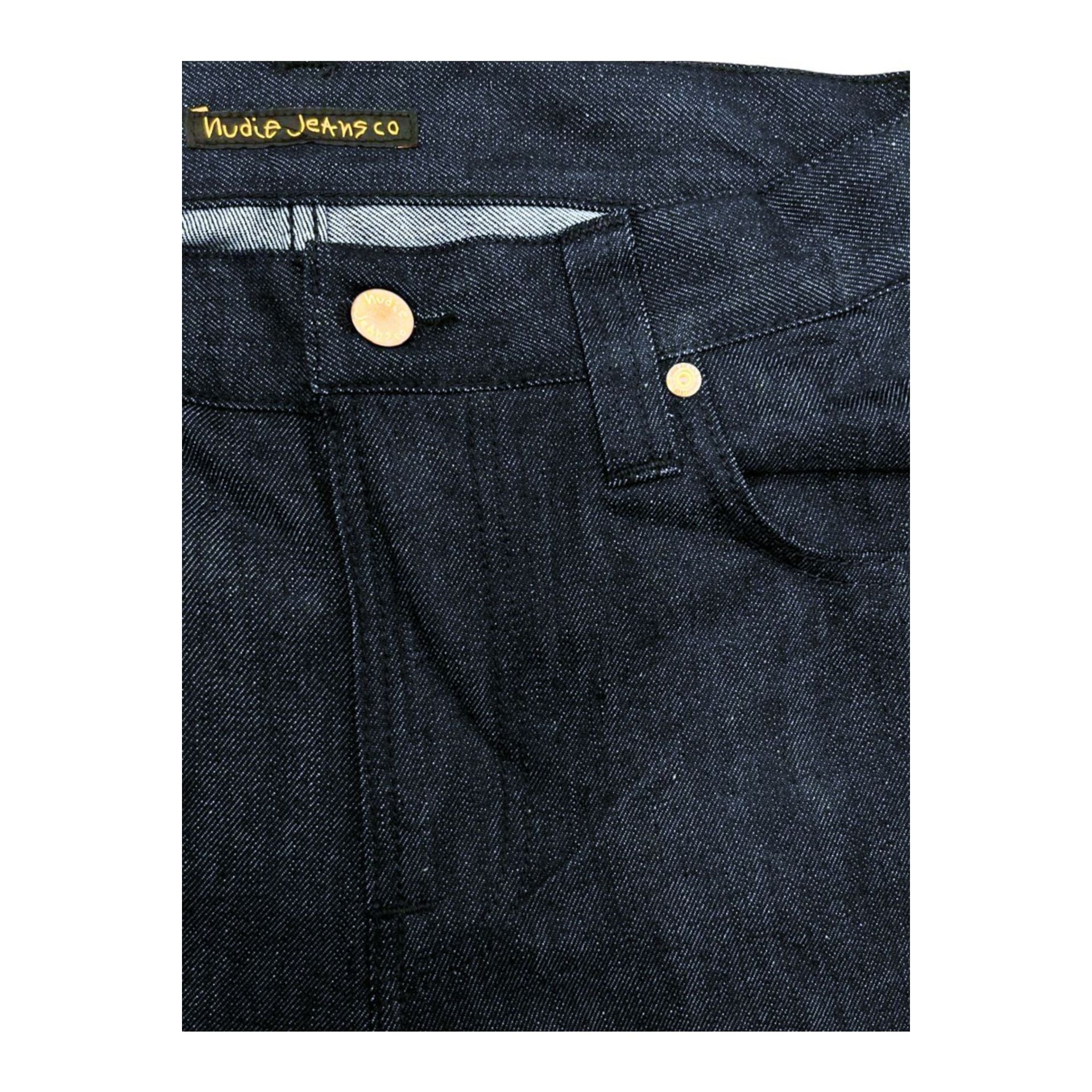 Nudie Jeans NJ3277 ThinFinn in Blue Navy, slim-fit denim jeans with classic stitching and five-pocket design.