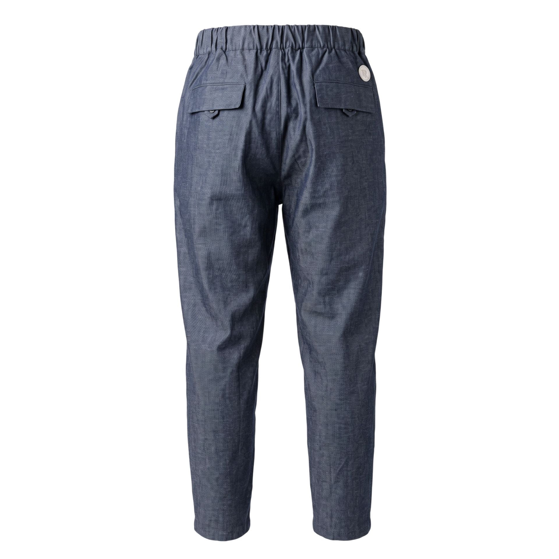 Blue Trussardi Jeans with classic fit and logo patch, displayed on a hanger against a neutral background.