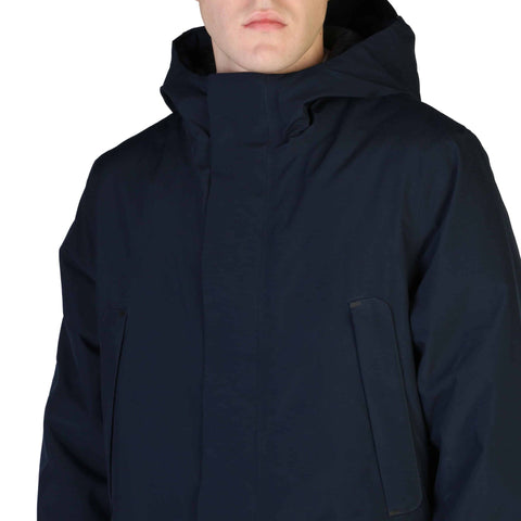 Save The Duck YOTAM-D40772M blue insulated down jacket, displayed on a hanger with a close-up of the outer fabric.
