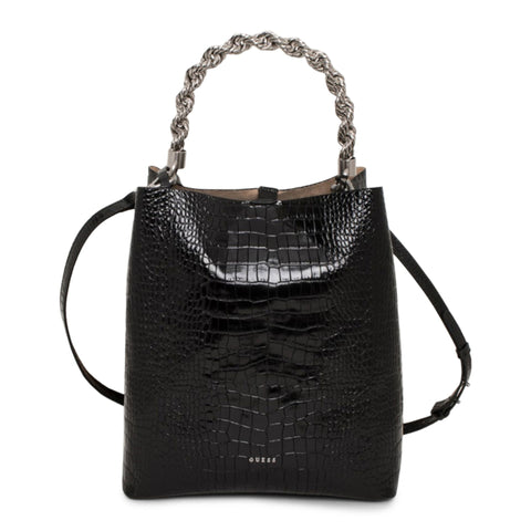 Black Guess handbag with gold accents, featuring a sleek design and chain strap, by Jag Couture London – New York.