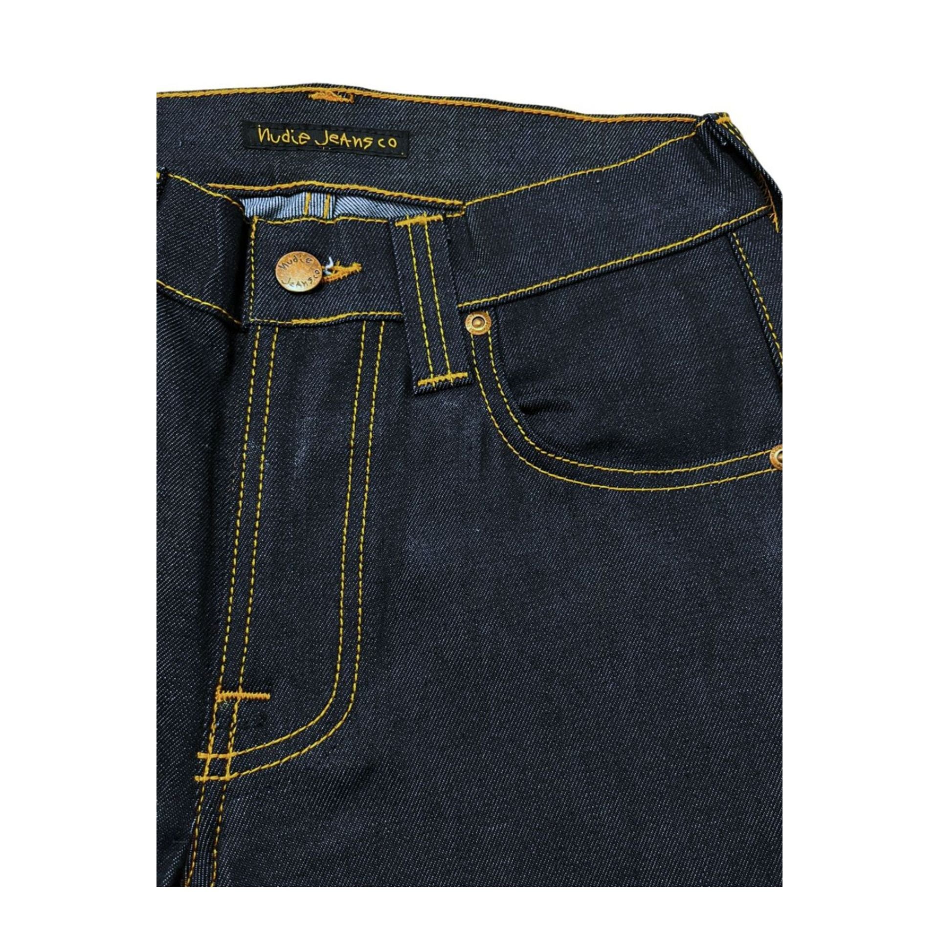 Dark blue Nudie Jeans NJ4229 tapeted denim jeans with subtle stitching details, displayed on a hanger against a neutral background.